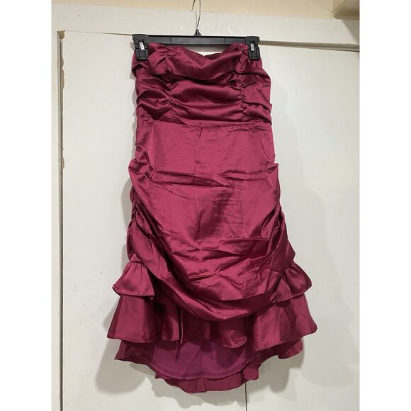 Selfie Leslie Mini Dress Sz XL Plum Strapless Tied Back Layer Frill Hem Ruched - Picture 4 of 16
